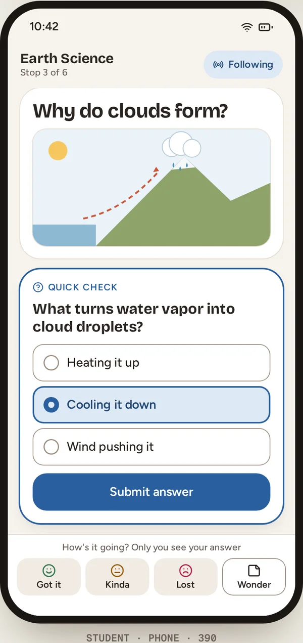 The same lesson on a student's phone, answering a quick check