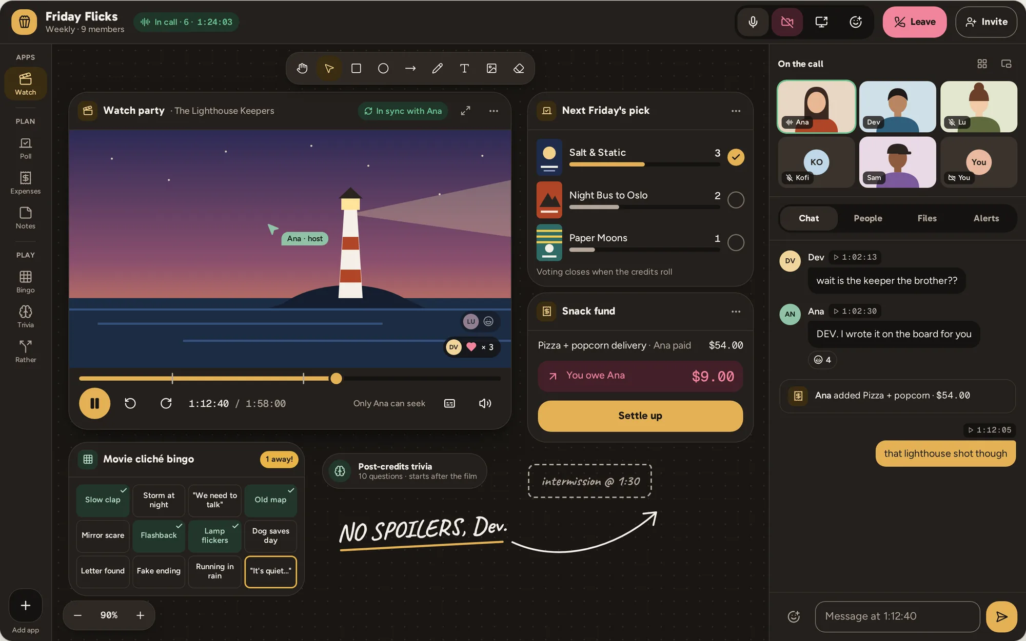 Movie night table in dark mode with a synced watch party, video call tiles, a poll, a snack fund and movie bingo